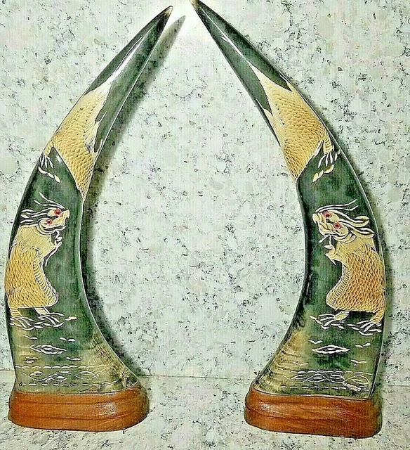 Carved Water Buffalo Horns with Oriental Dragons on Wood VINTAGE Pair 14" Long
