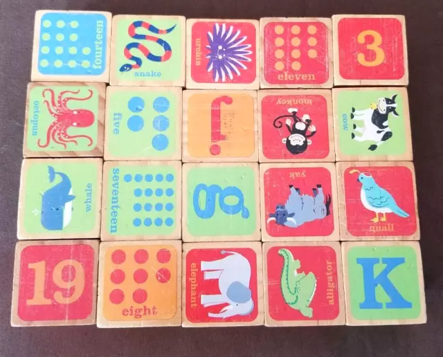 Vintage Children's Toy Wooden Building Blocks Alphabet Numbers Animals Set of 20