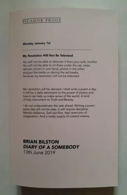 Brian Bilston - Diary of a Somebody. PICADOR PROOF, 13TH JUNE 2019. rare..