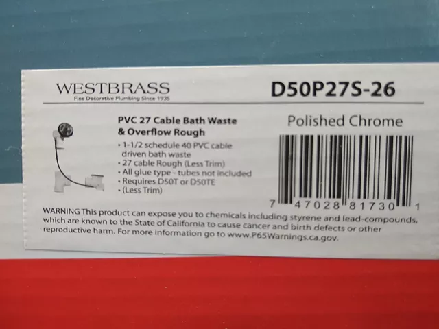 Unidad de cable WESTBRASS 1-1/2" desbordamiento de residuos bañera d50P27S-26 cromo
