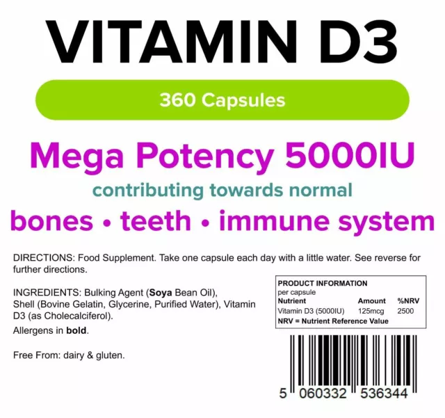 VITAMIN D3 5000IU High Strength 300 Capsules Soft Gel Immune Health Lindens 3