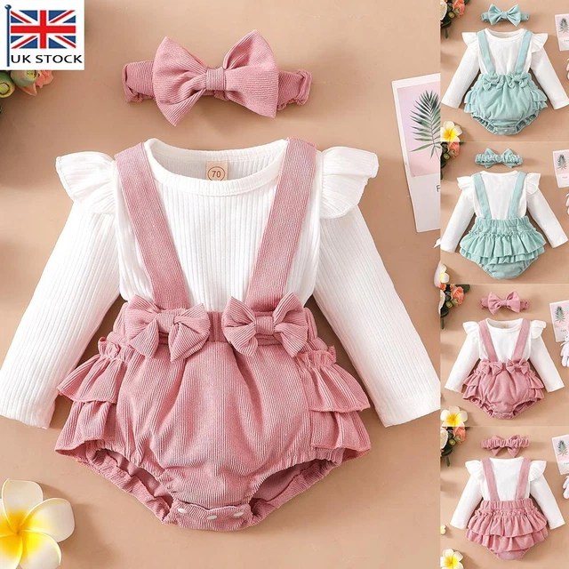 2PCS Newborn Baby Girls Ribbed Outfits Ruffle Romper Tops Headband Set Clothes