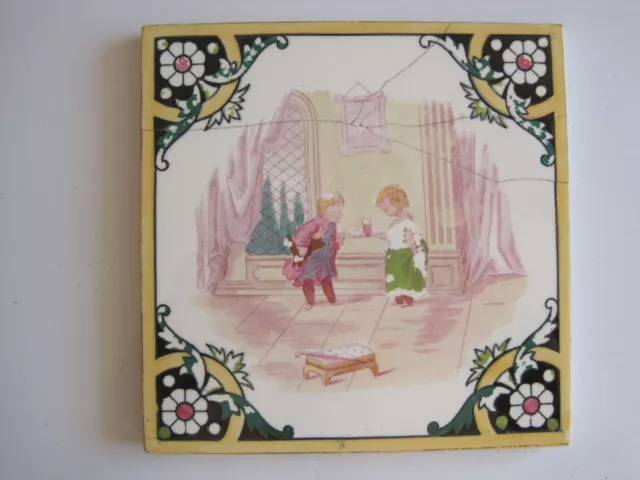 Antique Victorian Minton Hollins Regency Children Tile - Girl With Tray C1875 #2