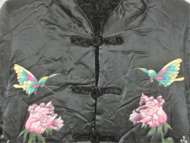 Black Satin Chinoiserie Jacket-Flowers & Butterflies-Reversible to Fleece-Medium 3