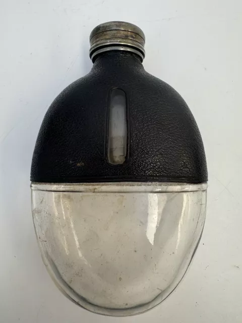 Antique Edwardian Silver Plate Leather Glass Hip Flask Spirits Whisky