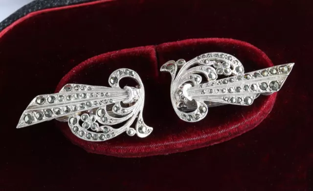 Vintage Art Deco Marcasite Sterling Silver Pair Duette Double Dress Clips Brooch