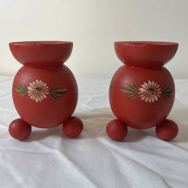 Pair of Vintage wooden candle holders - Hand painted floral design (TF)