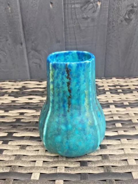 Stunning Antique Mottled Turquoise Blue Vase Ruskin Style Arts & Crafts Art Deco