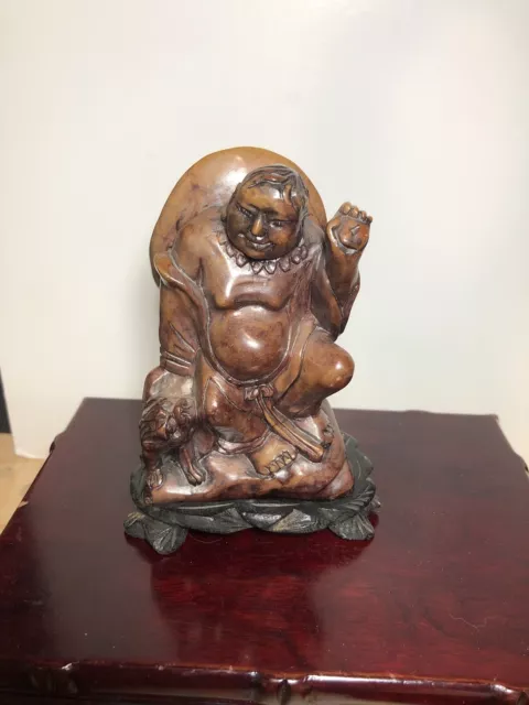 Antique Chinese Carved Soapstone Figure 4+” Tall 13 Oz With Stand