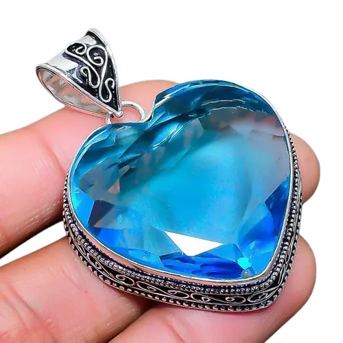 Swiss Blue Topaz Gemstone Handmade 925 Sterling Silver Jewelry Heart Cut Pendant