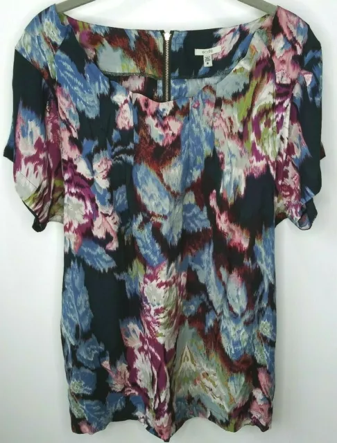 Anthropologie Ecote Ikat Multi Floral Short Sleeve Tunic Top Pockets Sz S