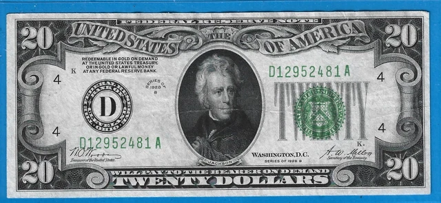 1928 B $20 FRN D-Cleveland,Redeem in Gold,Green Seal,CH Crisp VF,Nice!