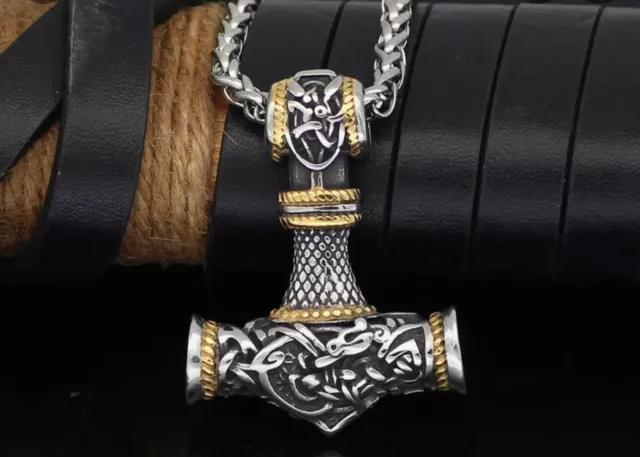 Viking Thor Hammer Mjolnir Two Tone Urnes Style Pendant Necklace Norse Gift