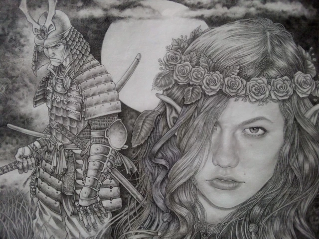 Original graphic art pencil illustration/Fantasy Female/Samurai warrior/signed