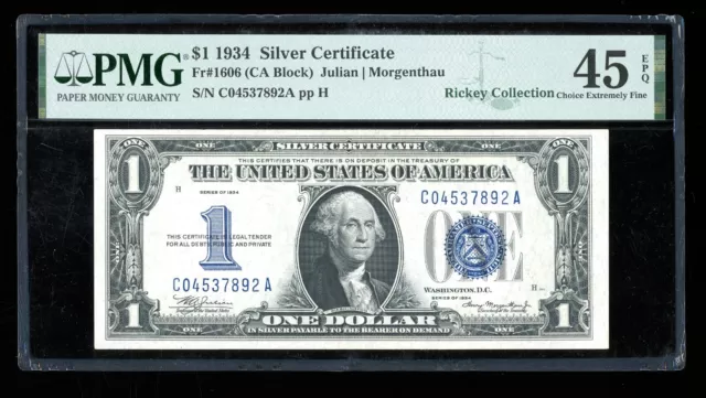 DBR 1934 $1 Silver Funnyback Fr. 1606 CA Block PMG 45 EPQ Serial C04537892A