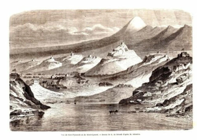 GRAVURE SUR BOIS 19ème VUE DE NEW-PLYMOUTH ET DU MONT-EGMONT NOUVELLE ZELANDE