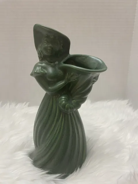 Vintage Mid Century Modern Haeger Green Pottery Planter Woman With a Basket 9”