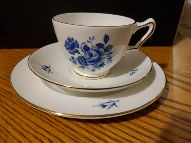 Staffordshire teacup saucer plate -  White w/ blue flowers fine bone china crown