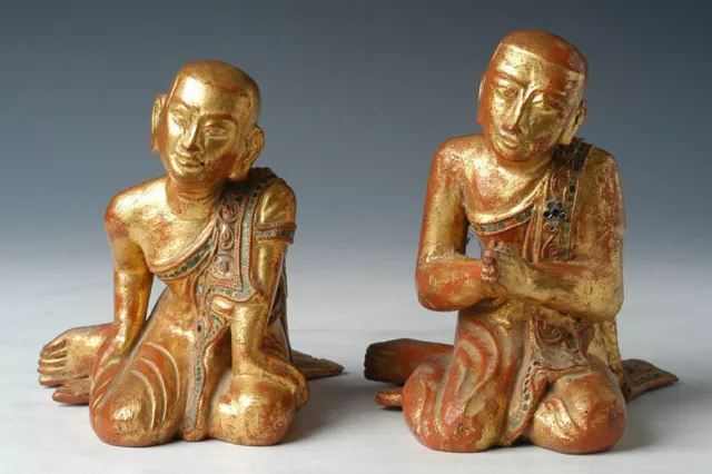 19th Century, Mandalay, A Pair of Antique Burmese Wooden Seated Disciples