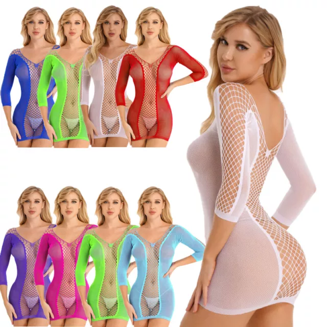 Women Sexy Hollow Out Fishnet Mini Bodycon Dress See-through Babydoll Nightwears