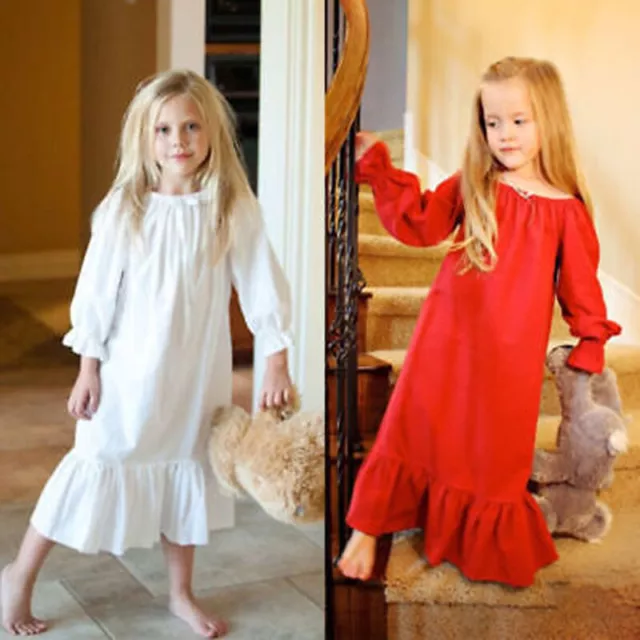 Kids Girls Night Dress Nightgown Sleepwear Nightie Long Sleeve Nightwear Nighty