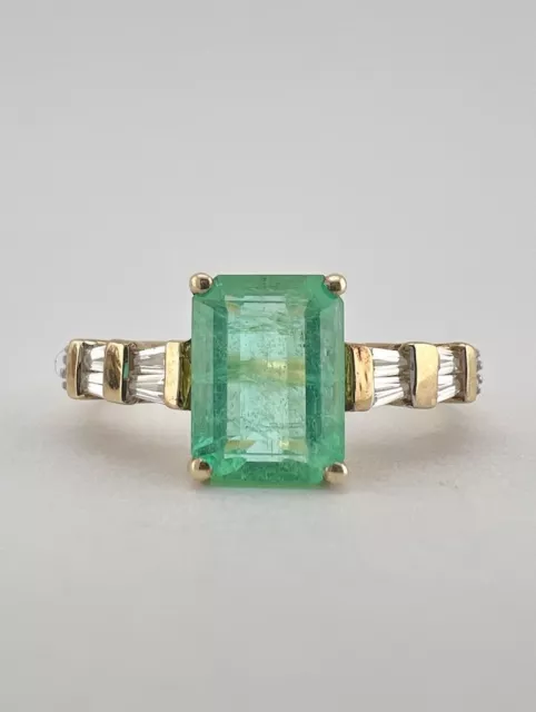 Designer 9k Yellow Gold Emerald Cut 2.00ct Emerald & Round Baguette Diamond Ring