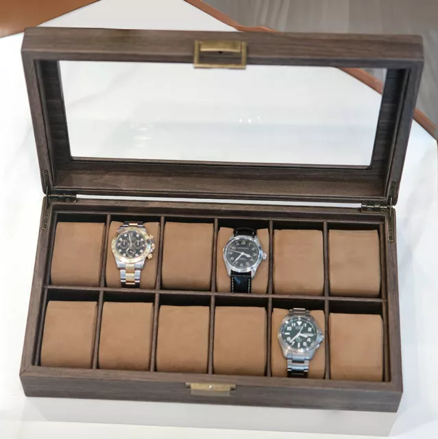 12 Slots Retro Wooden Watch Box Jewelry Storage Leather Watch Organizer Gift 2