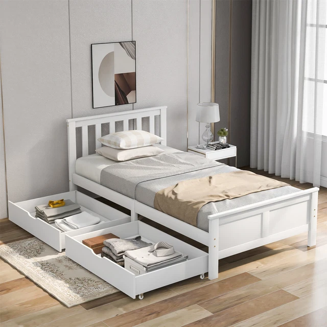 3FT WOODEN SINGLE Bed Frame White Solid Wood Bed with Storage Drawers