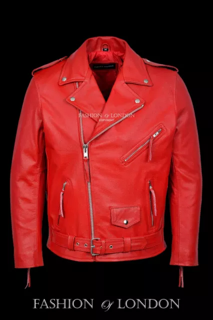 Mens Red Biker Leather Jacket BRANDO Motorcycle Motorbike Cowhide Leather Jacket