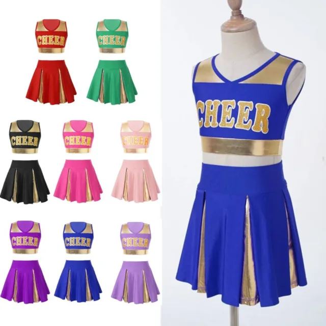 Kids Girls Cheer Leader Costume Uniform Crop Tank Top with Pleated Skirt Outfit