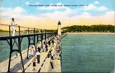 Grand Haven Michigan MI Fishing From Lighthouse Pier Vintage Postcard