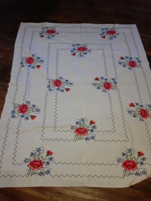 White Linen cloth cross stitch table cloth floral hand stitched Rectangle 68/54