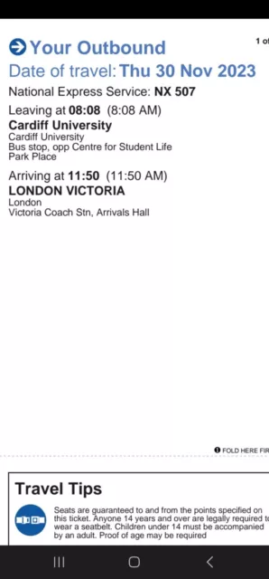 National Express Coach tickets, 2 people, Cardiff Uni to London 30thNov23 8.08am