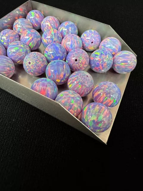 Half Drilled Light Purple Synthetic Lab Created Opal Round Beads