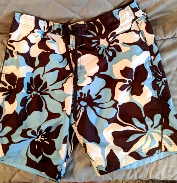 Speedo Board Shorts Men's size Large Flowered Hawaiian Blue Brown Mesh Lining