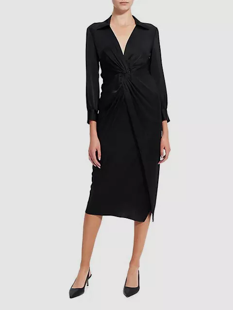 $395 Theory Women's Black Satin Twist Front Long Sleeve Sheath Dress Size 4