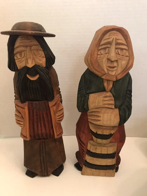 VTG Folk Art Hand Carved Wood Figures Man w/Accordian & Woman w/Butter Churn EU