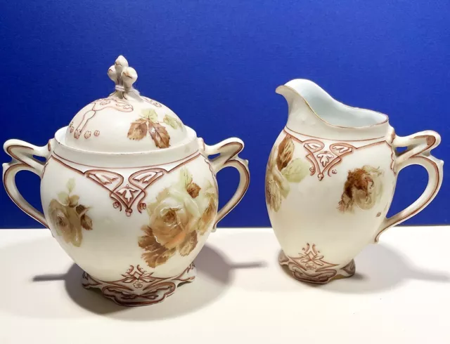 OHME Silesia  Clairon XVI Old Ivory  Sugar and Creamer  hand painted and signed