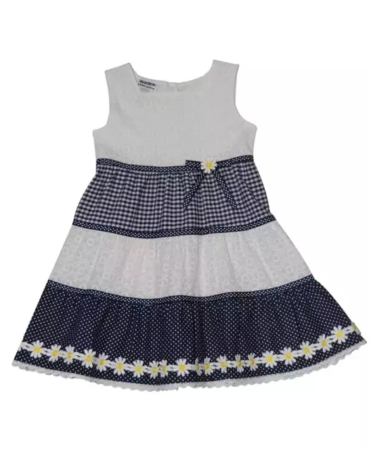 Blueberi Boulevard WHITE/NAVY Girls Eyelet Lace & Gingham Daisy Dress US 5