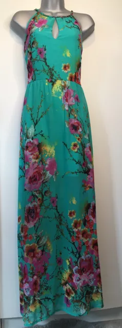 BLUE VANILLA Chiffon Overlay Oriental Floral Print Maxi Dress Jade 10 UK