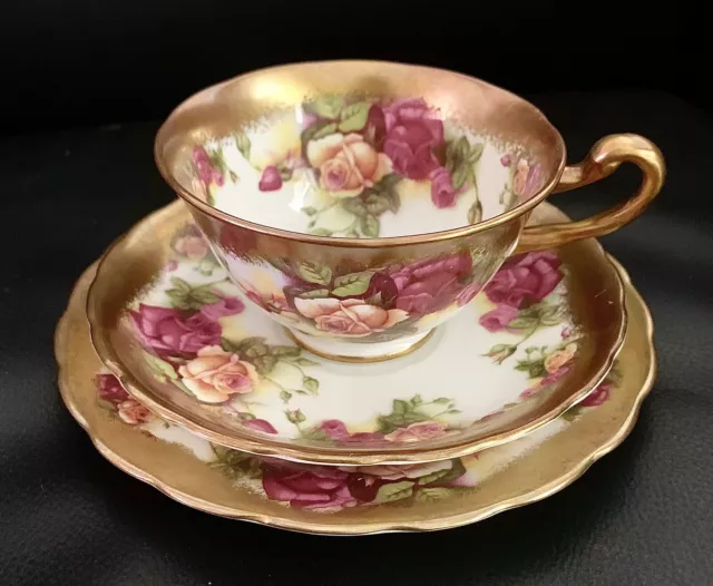 Stunning Royal Chelsea Golden Rose Tea Trio, Heavily Gilded, Excellent Condition