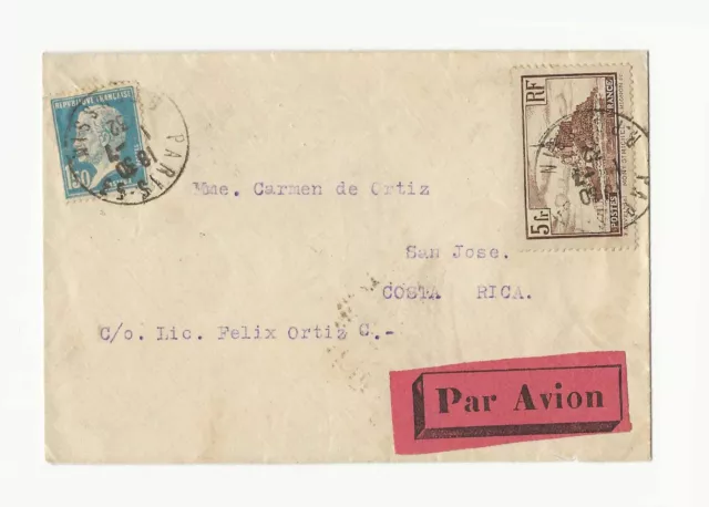 France 1932 airmail with2 issue franking to Costa Rica