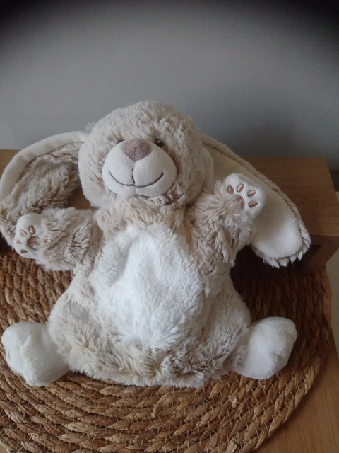 Doudou peluche lapin beige chiné blanc marionnette Tex + cadeau