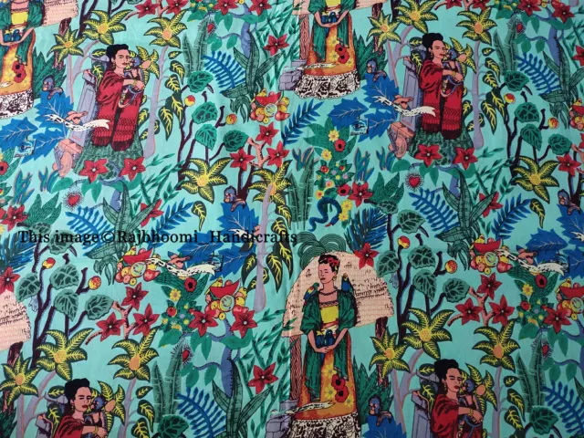 Lotto Di Multicolore Mano Cotone Indiano Verde Frida Kahlo Stampato Tessuto