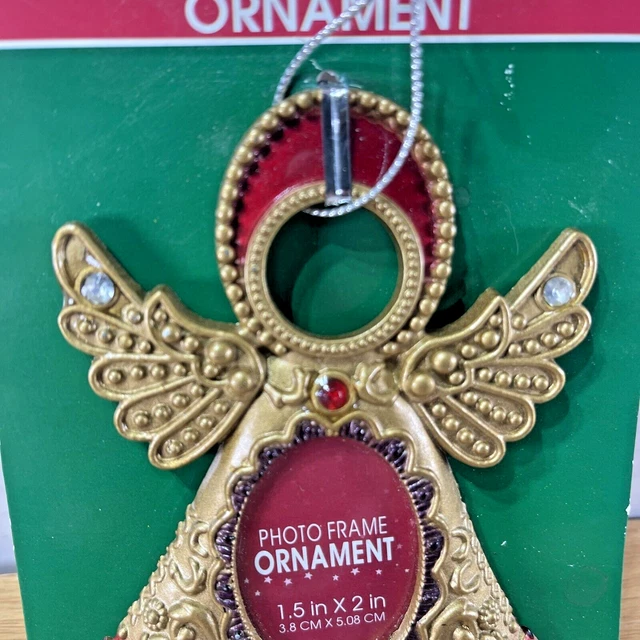 VTG NEW OLD STOCK  Christmas Photo Frame Ornament Gold Red Trim Gems Holly 4” 3