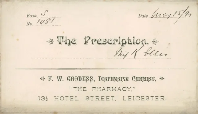 Antique Prescription Envelope F W Goodess Chemist Leicester to miss K Ellis