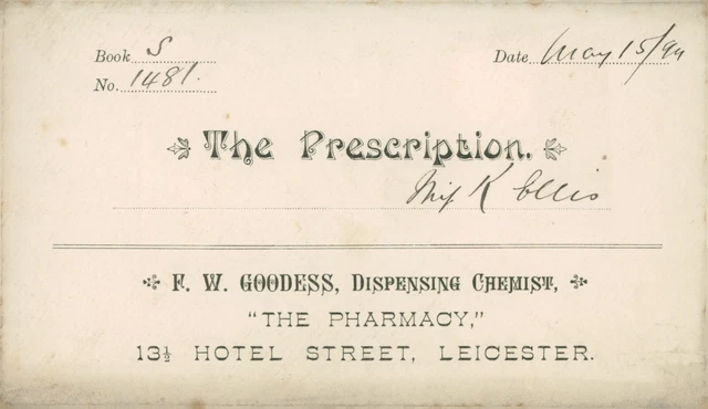 Antique Prescription Envelope F W Goodess Chemist Leicester to miss K Ellis
