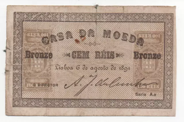 Portugal Portuguese 100 Reis 1891 Pick 88 Look Scans