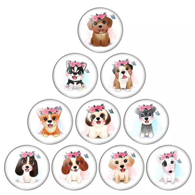 10 verschiedene 12|14|20|25 mm Glas Cabochons Hunde Babies Welpen Blumen Vintage