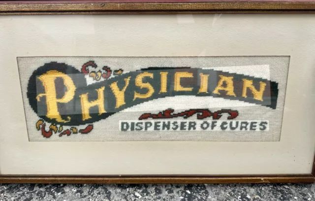 PHYSICIAN DISPENSER OF CURES Retro Vintage Handmade Needlepoint Framed Wall Art